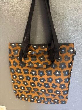 Brown Floral Pattern Tote Bag with Black Handles
